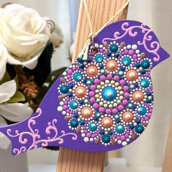 Bird Shaped Mandala Ornament Dot Art: Hand-Painted Acrylic Purple Ornament - Picture 2 of 6
